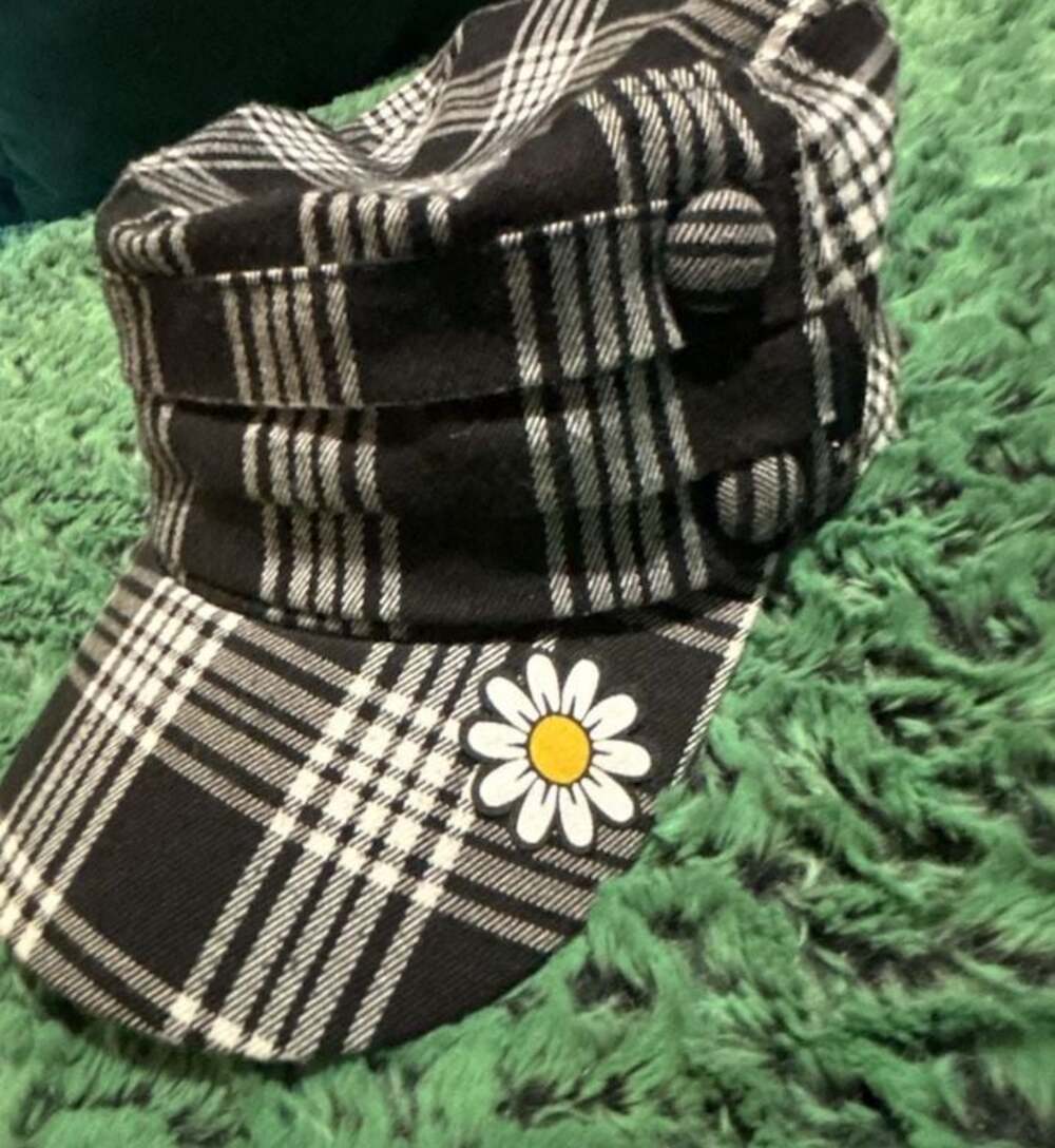 Justice Black and White Plaid Cadet Cap with Daisy Flower Detail